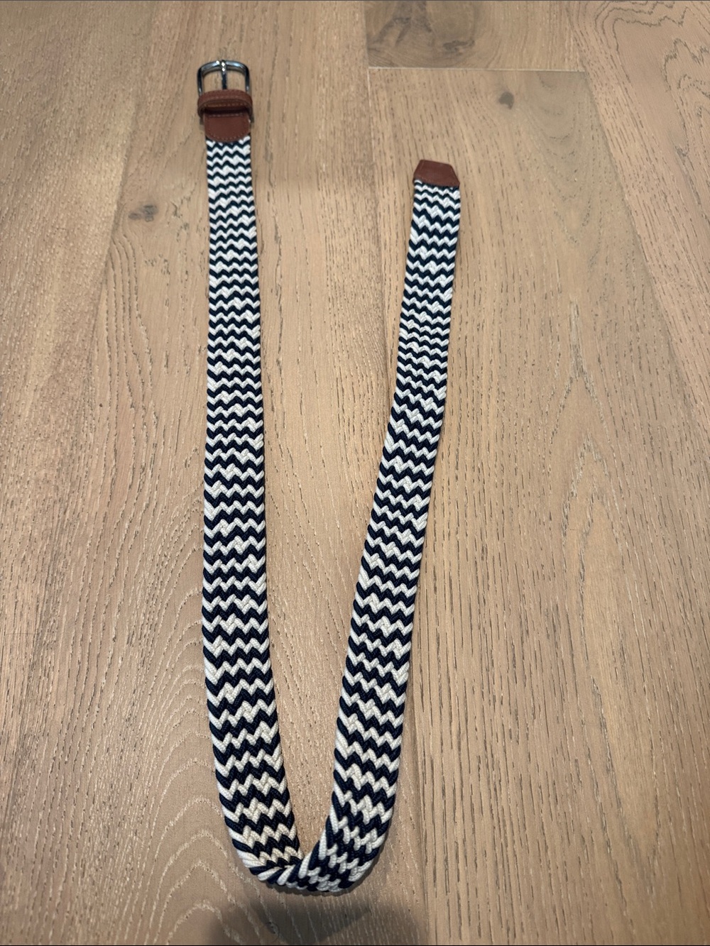 Men's Navy and White Woven Belt with Brown Trim